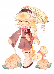Size: 1500x2048 | Tagged: safe, artist:leafywind, derpibooru import, applejack, oc, oc only, earth pony, pony, bow, braid, clothes, female, flower, hair bow, hydrangea, mare, neckerchief, shorts, simple background, solo, tail, tail bow, wagasa, watermark, white background