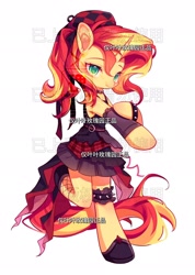 Size: 1462x2048 | Tagged: safe, artist:leafywind, derpibooru import, sunset shimmer, pony, semi-anthro, unicorn, arm warmers, beret, choker, clothes, dress, female, hat, horn, mare, obtrusive watermark, simple background, solo, spiked wristband, watermark, white background, wristband