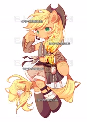 Size: 1462x2048 | Tagged: safe, artist:leafywind, derpibooru import, applejack, earth pony, pony, semi-anthro, applejack's hat, arm warmers, clothes, cowboy hat, female, hat, idol, mare, shorts, simple background, solo, watermark, white background