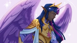 Size: 1280x720 | Tagged: safe, artist:rowankitten, derpibooru import, twilight sparkle, human, g4, 2d, armor, crown, dark skin, digital art, elf ears, fanart, horn, horned humanization, humanized, jewelry, looking away, regalia, solo, sparkles, winged humanization, wings