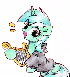 Size: 1885x2072 | Tagged: safe, artist:liaaqila, derpibooru import, lyra heartstrings, pony, unicorn, fanfic:background pony, g4, chest fluff, clothes, dig the swell hoodie, female, hoodie, horn, lyre, mare, musical instrument, simple background, solo, traditional art, white background