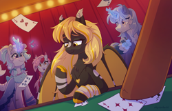 Size: 2863x1847 | Tagged: safe, artist:skysorbett, derpibooru import, oc, oc only, alicorn, bat pony, kirin, pony, alicorn oc, card, casino, clothes, curtains, dress, female, fish tail, glowing, glowing horn, hoof hold, horn, jewelry, kirin oc, lights, magic, magic aura, mare, playing card, pocket watch, poker chips, poker table, shark tail, smiling, surprised, tail, telekinesis, two toned coat, wings