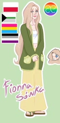 Size: 540x1096 | Tagged: safe, artist:sprong-lhama, derpibooru import, fluttershy, human, asexual, asexual pride flag, belly button, cardigan, clothes, cute, feet, female, green background, hair over one eye, humanized, midriff, pansexual, pansexual pride flag, polish, pride, pride flag, sandals, short shirt, shyabetes, simple background, skirt, solo