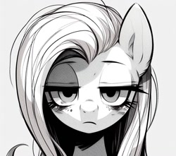 Size: 1024x904 | Tagged: safe, ai content, derpibooru import, generator:bing image creator, generator:dall-e 3, machine learning generated, fluttershy, pegasus, pony, g4, lidded eyes, manga style, prompter:enterusxrname, solo, tired