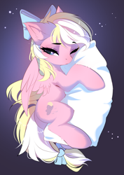 Size: 2871x4044 | Tagged: safe, artist:empress-twilight, derpibooru import, oc, oc only, oc:bay breeze, pegasus, pony, bow, commission, cute, ear fluff, ears, eyebrows, eyebrows visible through hair, female, hair bow, hug, lidded eyes, mare, ocbetes, one eye closed, partially open wings, pegasus oc, pillow, pillow hug, sleepy, tail, tail bow, wings, ych result