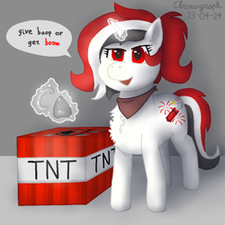 Size: 1024x1024 | Tagged: artist needed, safe, derpibooru import, oc, oc:red rocket, pony, unicorn, bandana, bronybait, cute, cutie mark, dynamite, explosives, flint and steel, glowing, glowing horn, horn, magic, minecraft, solo, telekinesis, this might end in explosions, this will end in explosions, threat, tnt