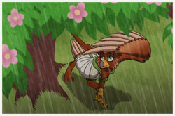 Size: 1772x1181 | Tagged: safe, artist:inuhoshi-to-darkpen, derpibooru import, oc, oc:pavlos, griffon, bandage, beak, broken bone, broken wing, cast, cheek fluff, claws, clothes, colored wings, commission, eared griffon, flower, grass, griffon oc, injured, male, non-pony oc, one wing out, rain, sling, smiling, spring, tail, tree, wings