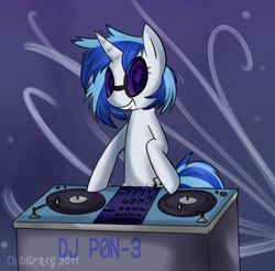 Size: 556x546 | Tagged: safe, artist:chibitracy, derpibooru import, dj pon-3, vinyl scratch, unicorn, g4, bipedal, horn, turntable, watermark