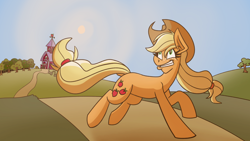 Size: 3840x2160 | Tagged: safe, artist:cowsrtasty, derpibooru import, applejack, earth pony, pony, g4, applejack's hat, clothes, cowboy hat, female, grin, hat, mare, running, smiling, solo, sweet apple acres