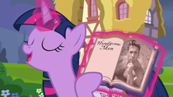 Size: 1920x1080 | Tagged: safe, derpibooru import, edit, edited screencap, screencap, twilight sparkle, pony, g4, billy herrington, book, eyes closed, gachimuchi, magic, open mouth, pointing, twil