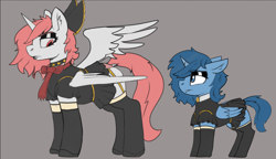 Size: 1960x1126 | Tagged: safe, artist:queen-razlad, derpibooru import, oc, oc:astrum, oc:krinita, alicorn, clothes, eyeshadow, goth, lipstick, looking at each other, looking at someone, makeup, skirt, socks, thigh highs