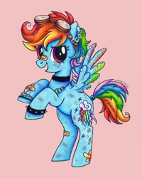 Size: 1504x1880 | Tagged: safe, artist:dariarchangel, derpibooru import, rainbow dash, pegasus, pony, g4, alternate design, alternate hairstyle, bandage, bandaged wing, bandaid, bandaid on nose, bracelet, choker, ear piercing, female, friendship bracelet, goggles, goggles on head, jewelry, mare, messy mane, multicolored hair, piercing, rainbow hair, redesign, simple background, smiling, spread wings, wings