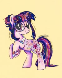 Size: 1502x1878 | Tagged: safe, artist:dariarchangel, derpibooru import, twilight sparkle, unicorn twilight, pony, unicorn, g4, alternate design, alternate hairstyle, bipedal, bracelet, female, friendship bracelet, glasses, hair bun, horn, jewelry, mare, redesign, round glasses, simple background, smiling, stars