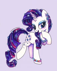 Size: 1458x1822 | Tagged: safe, artist:dariarchangel, derpibooru import, rarity, crystal pony, pony, unicorn, g4, alternate design, bracelet, crystal, ear piercing, earring, female, horn, jewelry, makeup, mare, necklace, piercing, redesign, simple background, smiling