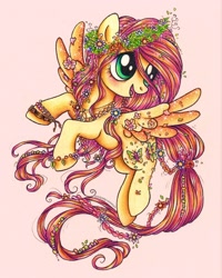 Size: 1540x1925 | Tagged: safe, artist:dariarchangel, derpibooru import, fluttershy, butterfly, pegasus, pony, g4, 3d cutie mark, alternate design, alternate hairstyle, bracelet, braid, female, floral head wreath, flower, flying, friendship bracelet, green eyes, jewelry, mare, pink mane, redesign, shading, simple background, smiling, solo, sparkly wings, spread wings, traditional art, wings, yellow coat