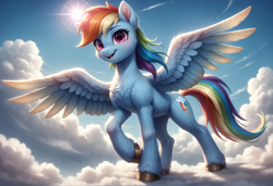 Size: 4560x3120 | Tagged: safe, ai content, derpibooru import, generator:stable diffusion, machine learning generated, rainbow dash, pegasus, pony, g4, absurd resolution, beautiful, blue sky, blushing, chest fluff, cloud, cloudy, detailed, detailed background, ear fluff, ears, ears up, eyebrows, eyebrows visible through hair, feathered wings, female, fluffy, generator:bluefox mix, leg fluff, mare, open mouth, open smile, outdoors, pretty, prompter:adorablebluefox, raised hoof, raised leg, scenery, short mane, sky, smiling, solo, spread wings, standing, sun, tail, unshorn fetlocks, wing fluff, wings