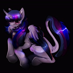 Size: 4096x4096 | Tagged: safe, artist:colorwurm, derpibooru import, twilight sparkle, twilight sparkle (alicorn), alicorn, pony, g4, absurd resolution, alternate eye color, black background, colored eyelashes, colored pinnae, colored wings, curved horn, female, horn, leonine tail, mare, multicolored mane, multicolored tail, no mouth, pink eyes, purple coat, shiny coat, shiny mane, shiny tail, shiny wings, simple background, sitting, small head, solo, straight mane, straight tail, tail, two toned wings, unicorn horn, wingding eyes, wings, wings down