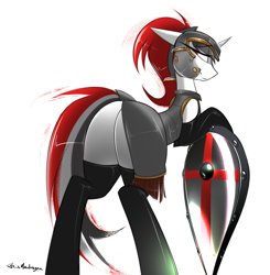 Size: 1538x1570 | Tagged: safe, artist:madragon, derpibooru exclusive, derpibooru import, oc, oc only, oc:red rocket, pony, unicorn, bipedal, butt, butt focus, clothes, fantasy class, helmet, hooves together, horn, knight, latex, latex stockings, lidded eyes, looking at you, plot, rear view, shield, simple background, solo, stockings, thigh highs, warrior, white background