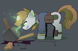 Size: 2732x1800 | Tagged: safe, artist:pedalspony, derpibooru import, oc, oc:littlepip, unicorn, fallout equestria, armor, bag, clothes, focused, horn, jumpsuit, magic, saddle bag, telekinesis, tongue, tongue out, vault suit, wooden floor