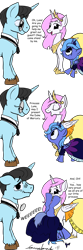 Size: 800x2400 | Tagged: artist needed, safe, derpibooru import, princess celestia, princess luna, oc, oc:duke of mercury, alicorn, unicorn, blushing, comic, horn, jewelry, monocle, signature, simple background, tiara, transparent background, unicorn oc, upside down