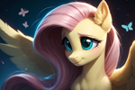 Size: 1920x1280 | Tagged: safe, ai content, derpibooru import, machine learning generated, fluttershy, butterfly, pegasus, pony, blushing, bust, cute, ear fluff, ears, female, mare, prompter:cunningstuntda, shyabetes, smiling, solo, spread wings, wings