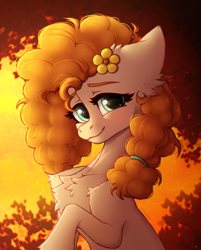 Size: 2213x2756 | Tagged: safe, artist:viryav, derpibooru import, pear butter, earth pony, pony, g4, blushing, chest fluff, curly hair, curly mane, cute, female, flower, flower in hair, looking at you, mare, simple background, sitting, smiling, solo