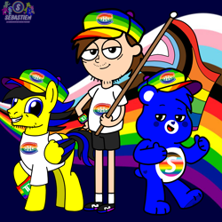 Size: 1562x1562 | Tagged: safe, artist:mrstheartist, oc, oc only, bear, human, pony, cringe, pride, pride flag, retarded, trio