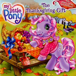 Size: 593x594 | Tagged: safe, artist:lyn fletcher, derpibooru import, wysteria, bird, earth pony, goose, pony, g3, apple, apple cider, autumn, blushing, book, book cover, bow, canadian goose, cinnamon sticks, clothes, cornucopia, cover, female, food, geese, grapes, heart, heart eyes, holiday, leaves, mare, mug, official, orange, peach, pear, picnic table, plum, scan, solo, sweater, table, tablecloth, thanksgiving, the thanksgiving gift, wingding eyes, wysteriadorable