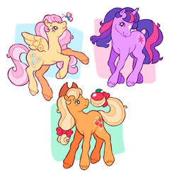 Size: 1988x2048 | Tagged: safe, artist:cocopudu, derpibooru import, applejack, fluttershy, twilight sparkle, unicorn twilight, butterfly, earth pony, pegasus, pony, unicorn, g2, g4, apple, applejack's hat, bow, clothes, coat markings, cowboy hat, facial markings, female, flying, food, g4 to g2, generation leap, hair bow, hat, head turn, horn, looking at something, looking at you, mare, open mouth, open smile, passepartout, prehensile tail, profile, simple background, smiling, smiling at you, spread wings, standing, star (coat marking), starry eyes, style emulation, tail, tail bow, tail hold, trio, unshorn fetlocks, white background, wingding eyes, wings