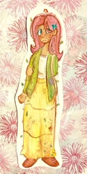 Size: 1399x2790 | Tagged: safe, artist:p2iimon, derpibooru import, fluttershy, bird, human, g4, abstract background, arm behind back, clothes, female, hair over one eye, humanized, jacket, leaves, leaves in hair, long skirt, skirt, solo, traditional art