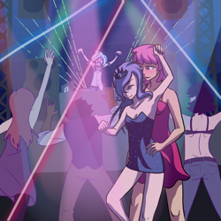 Size: 700x700 | Tagged: safe, artist:7nights, derpibooru import, berry punch, berryshine, dj pon-3, princess luna, vinyl scratch, human, g4, ask human luna, clothes, colored lights, dancing, dress, glasses, headphones, humanized, implied lesbian, jewelry, rave, speaker, tiara, turntable