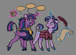 Size: 2048x1487 | Tagged: safe, artist:arrgh-whatever, derpibooru import, starlight glimmer, twilight sparkle, twilight sparkle (alicorn), alicorn, pony, g4, alternate design, bags under eyes, clothes, coffee mug, colored hooves, duo, duo female, ethereal mane, female, folded wings, glasses, glasses chain, gray background, jacket, leonine tail, lesbian, levitation, looking at each other, looking at someone, magic, magic aura, mare, mug, open mouth, ponytail, quill, scroll, shipping, shirt, simple background, smiling, speech bubble, starry mane, starry tail, sweater, tail, telekinesis, turtleneck, twistarlight, wings