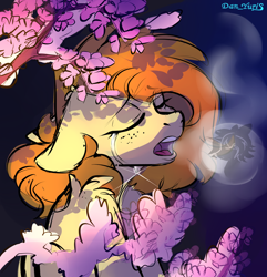 Size: 2500x2594 | Tagged: safe, artist:yuris, derpibooru import, oc, oc only, oc:yuris, pegasus, pony, cherry, crying, eyes closed, flower, food, freckles, night, open mouth, sadness, sketch, solo, steam