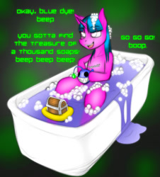 Size: 803x888 | Tagged: safe, artist:lil miss jay, derpibooru import, oc, oc only, oc:beep boop, angler fish, fish, pony, semi-anthro, unicorn, abstract background, bathtub, bubble, female, horn, one leg raised, raised hoof, raised leg, soap, solo, treasure chest, unicorn oc, water