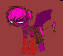 Size: 826x746 | Tagged: safe, artist:xxv4mp_g4z3rxx, derpibooru exclusive, derpibooru import, oc, oc only, oc:violet valium, bat pony, pony, bat pony oc, choker, clothes, colored wings, doodle, dress, eyeshadow, fangs, gloves, makeup, ponytail, purple coat, red background, red eyes, simple background, solo, spread wings, tomboy, tomboy taming, two toned mane, two toned wings, unamused, wings