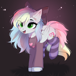 Size: 3204x3191 | Tagged: safe, artist:empress-twilight, derpibooru import, oc, oc only, oc:blazey sketch, pegasus, pony, bow, clothes, cute, ear fluff, ears, eye clipping through hair, eyebrows, eyebrows visible through hair, female, folded wings, gradient background, hair bow, mare, multicolored hair, ocbetes, open mouth, open smile, smiling, socks, solo, striped socks, sweater, tail, wings