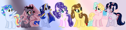 Size: 4208x1028 | Tagged: safe, artist:starvelvetyt, derpibooru import, oc, oc only, oc:apple butter, oc:bellatrix, oc:estella sparkle, oc:funny pie, oc:precious jewel, oc:sky fast, oc:star velvet, dracony, earth pony, hybrid, pegasus, pony, unicorn, base used, crown, earth pony oc, ethereal mane, eyeshadow, female, folded wings, glasses, gradient background, high res, horn, interspecies offspring, jewelry, looking up, makeup, mare, multicolored hair, next generation, offspring, parent:applejack, parent:caramel, parent:cheese sandwich, parent:flash sentry, parent:fluttershy, parent:king sombra, parent:pinkie pie, parent:rainbow dash, parent:rarity, parent:soarin', parent:spike, parent:twilight sparkle, parents:carajack, parents:cheesepie, parents:flashlight, parents:soarindash, parents:sombrashy, parents:sparity, pegasus oc, regalia, smiling, starry mane, unicorn oc, wings, yellow eyeshadow