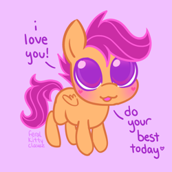 Size: 900x900 | Tagged: safe, artist:feralkittyclawz, derpibooru import, scootaloo, pegasus, pony, g4, blushing, cute, cutealoo, dialogue, dilated pupils, encouragement, female, filly, foal, folded wings, heart, heart mark, i love you, looking at you, looking up, looking up at you, open mouth, purple background, signature, simple background, solo, tail, wings