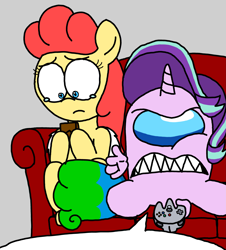 Size: 3023x3351 | Tagged: safe, artist:professorventurer, derpibooru import, starlight glimmer, oc, oc:power star, pony, context in description, crying, frame, glimpostor, rule 85, sofa, speech bubble, super mario 64