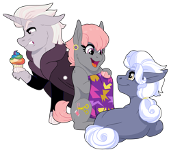 Size: 2301x2047 | Tagged: safe, artist:faitheverlasting, derpibooru import, hoity toity, prim hemline, zesty gourmand, earth pony, pony, unicorn, g4, brother and sister, cloak, clothes, cloven hooves, cupcake, ear piercing, female, food, gritted teeth, grumpy, happy, headcanon, headcanon in the description, horn, looking at each other, looking at someone, lying down, male, mare, nose wrinkle, open mouth, open smile, piercing, prone, rainbow cupcake, siblings, simple background, sisters, sitting, smiling, stallion, tail, teeth, transparent background, trio, unshorn fetlocks, zesty gourmand is not amused
