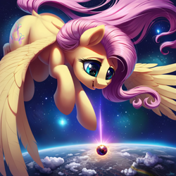 Size: 1024x1024 | Tagged: safe, ai content, derpibooru import, generator:pony diffusion v6 xl, generator:stable diffusion, machine learning generated, fluttershy, pegasus, pony, cloud, dock, earth, female, flying, galaxy, giant pony, giantess, looking down, macro, mare, pegasus wings, planet, solo, stars, tail, wings