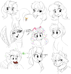 Size: 3000x3108 | Tagged: safe, artist:higglytownhero, derpibooru import, oc, oc only, oc:bee berry, oc:donut daydream, earth pony, pegasus, pony, unicorn, :p, bell, collar, donut, drugs, earth pony oc, food, freckles, horn, horn impalement, marijuana, mouth hold, open mouth, open smile, pegasus oc, question mark, simple background, smiling, tongue, tongue out, unicorn oc, white background