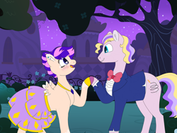 Size: 1280x960 | Tagged: safe, artist:doodletheexpoodle, derpibooru import, oc, oc only, oc:daylight amethyst, oc:scribble pie, alicorn, earth pony, pony, bowtie, canterlot gardens, clothes, dress, duo, duo male and female, female, hidden horn, holding hooves, male, mare, oc x oc, offspring, parent:pinkie pie, parent:prince blueblood, parent:sunburst, parent:twilight sparkle, parents:bluepie, parents:twiburst, shipping, small wings, stallion, story included, straight, tuxedo, wings
