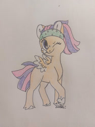 Size: 1280x1707 | Tagged: safe, artist:doodletheexpoodle, derpibooru import, oc, oc only, oc:daylight amethyst, alicorn, pony, female, headband, hidden horn, looking at you, mare, offspring, one eye closed, parent:sunburst, parent:twilight sparkle, parents:twiburst, solo, traditional art, unshorn fetlocks, wink, winking at you