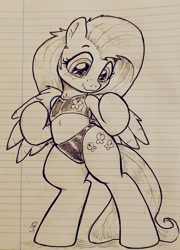 Size: 1477x2048 | Tagged: safe, artist:whiskeypanda, derpibooru import, fluttershy, pegasus, pony, g4, bipedal, blushing, clothes, cute, doodle, female, human shoulders, lined paper, looking down, pen drawing, shyabetes, solo, spread wings, swimsuit, traditional art, two-piece swimsuit, wavy mouth, wings
