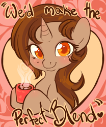 Size: 500x600 | Tagged: safe, artist:clovercoin, derpibooru import, oc, oc only, oc:mocha delight, pony, unicorn, blushing, coffee, female, female oc, horn, solo, unicorn oc