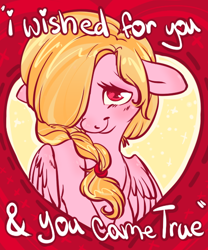 Size: 500x600 | Tagged: safe, artist:clovercoin, derpibooru import, oc, oc only, oc:smitten sweets, pegasus, pony, female, female oc, hair over one eye, pegasus oc, red eyes, solo