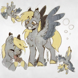 Size: 2048x2048 | Tagged: safe, artist:shyhandart, derpibooru import, derpy hooves, pegasus, pony, g4, bubble, cheek fluff, chest fluff, cute, derpabetes, eating, eyebrows, eyebrows visible through hair, falling, fangs, female, flying, food, grin, high res, mare, muffin, open mouth, open smile, smiling, solo, traditional art, upside down, winged hooves