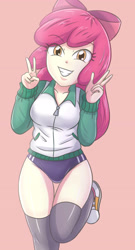 Size: 1783x3307 | Tagged: safe, artist:sumin6301, derpibooru import, apple bloom, human, equestria girls, g4, 2d, bow, breasts, buruma, clothes, double peace sign, eyebrows, eyebrows visible through hair, female, grin, hair bow, high res, jacket, legs, long sleeves, looking at you, older, older apple bloom, peace sign, pink background, pocket, shoes, shorts, simple background, smiling, smiling at you, solo, thigh gap, thigh highs, thighs, zipper
