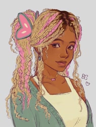 Size: 636x836 | Tagged: safe, artist:girlyloomis, derpibooru import, fluttershy, human, g4, dark skin, dreadlocks, ear piercing, earring, female, freckles, gray background, humanized, jewelry, necklace, piercing, ponytail, simple background, solo